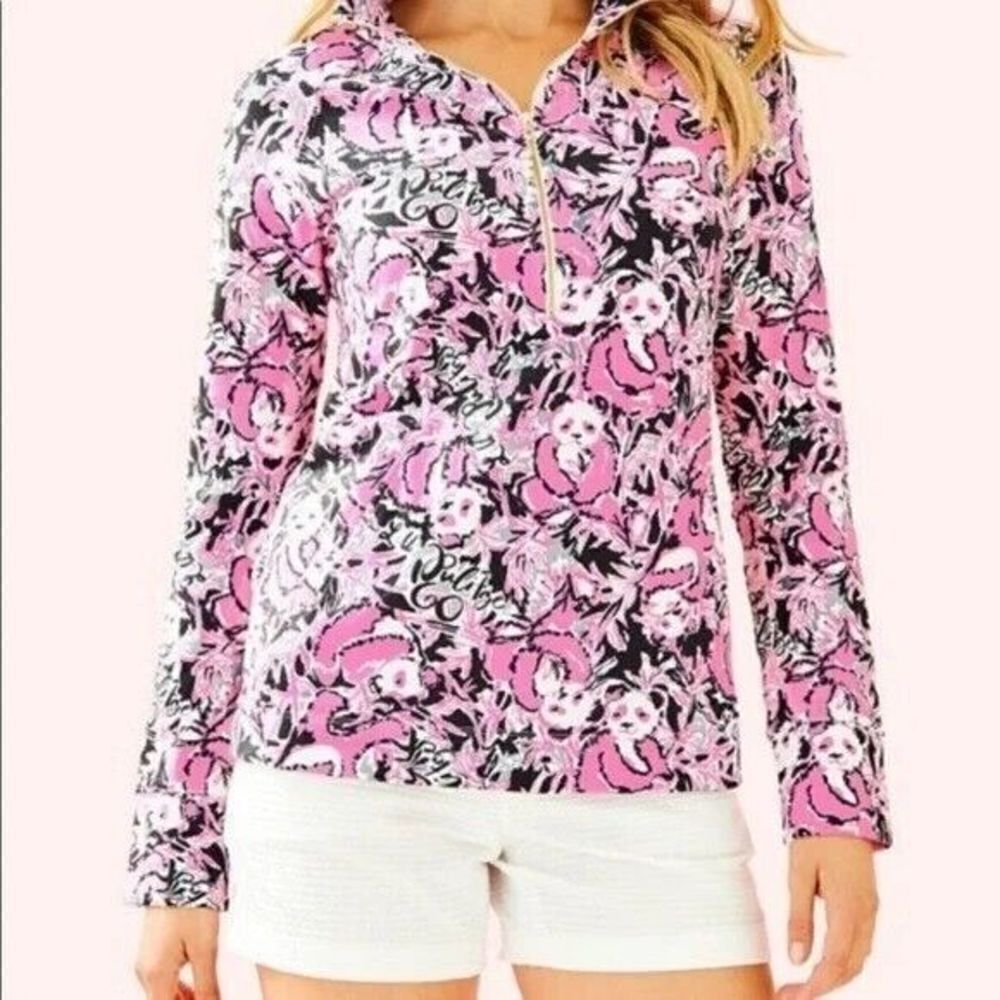 Lilly Pulitzer Pink Black White Floral Zip-Up Pullover